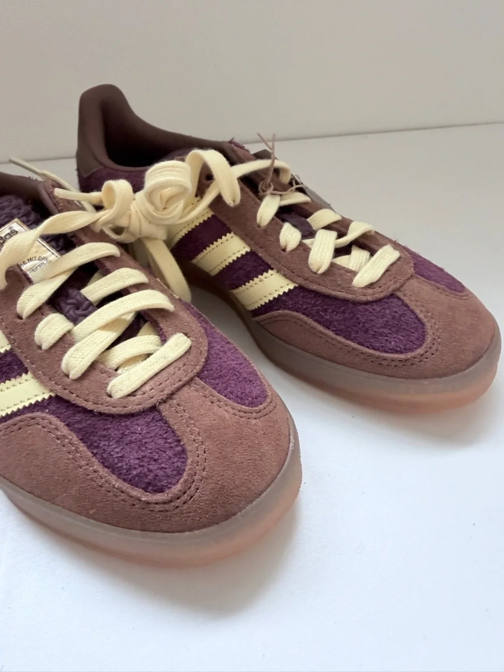 Adidas Gazelle Indoor Plum Burgundy Suede Terry Sneakers Cream Stripes - 5 US - Picture 3 of 11